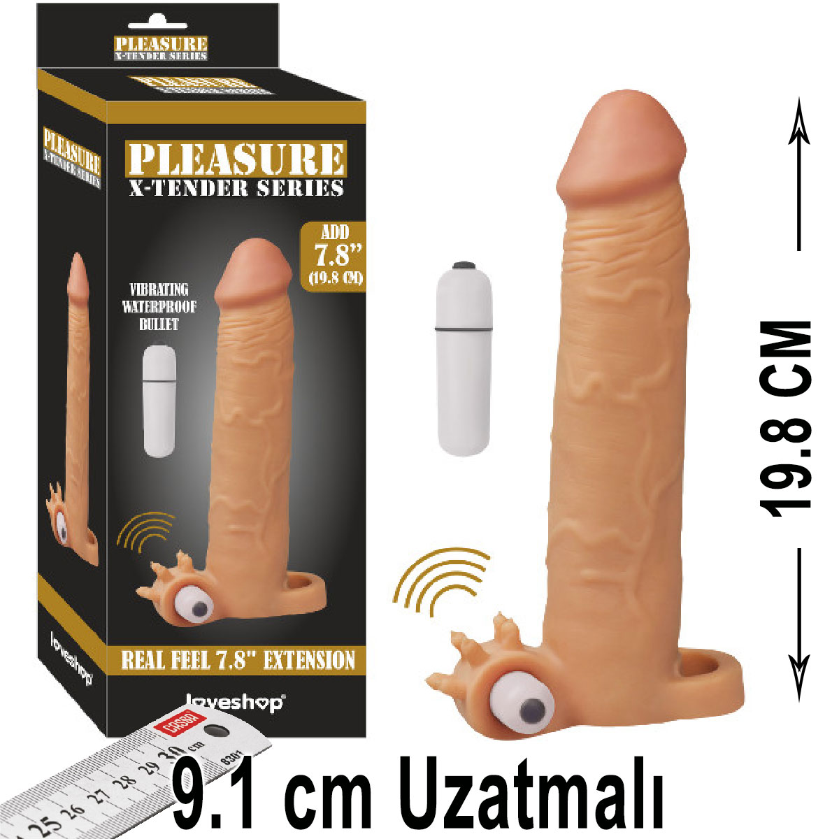 Pleasure X-Tender 19.8 cm Boy Titresimli 9.1 cm Uzatmali Realistik Et Dokulu Penis Kilifi AL-LS-104