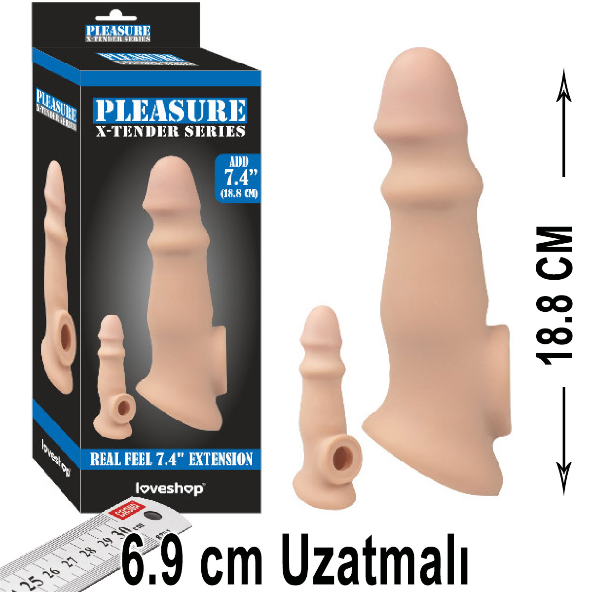 Pleasure X-Tender 18.8 cm Boy 6.9 cm Uzatmali Realistik Et Dokulu Penis Kilifi AL-LS-213