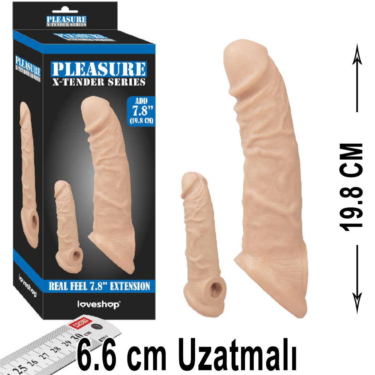 Pleasure X-Tender 19.8 cm Boy 6.6 cm Uzatmali Realistik Et Dokulu Penis Kilifi AL-LS-214