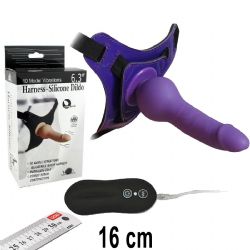 Harness Silicone Dildo Mor Renk 16 cm Boy 10 Mod Su Geirmez Titresimli Silikondan Protez Penis AL-92005-2