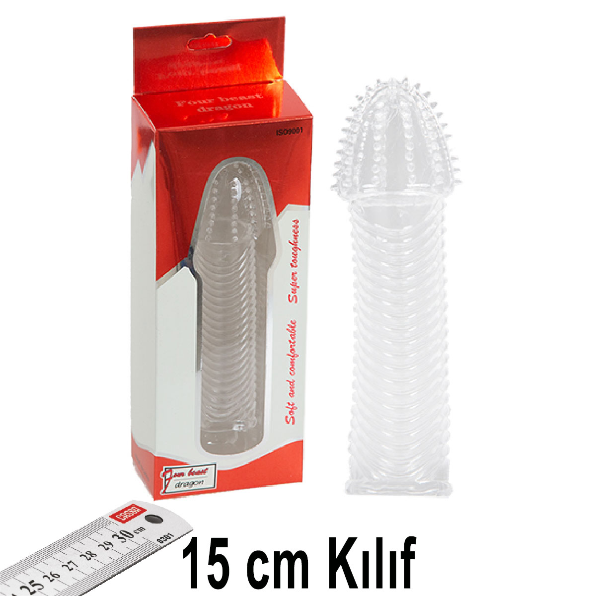 Tirtikli Zevkli Seffaf Penis Kilifi - Anal ve Vajinal Uyarilarla 15 cm Uzunluk AL-377-red