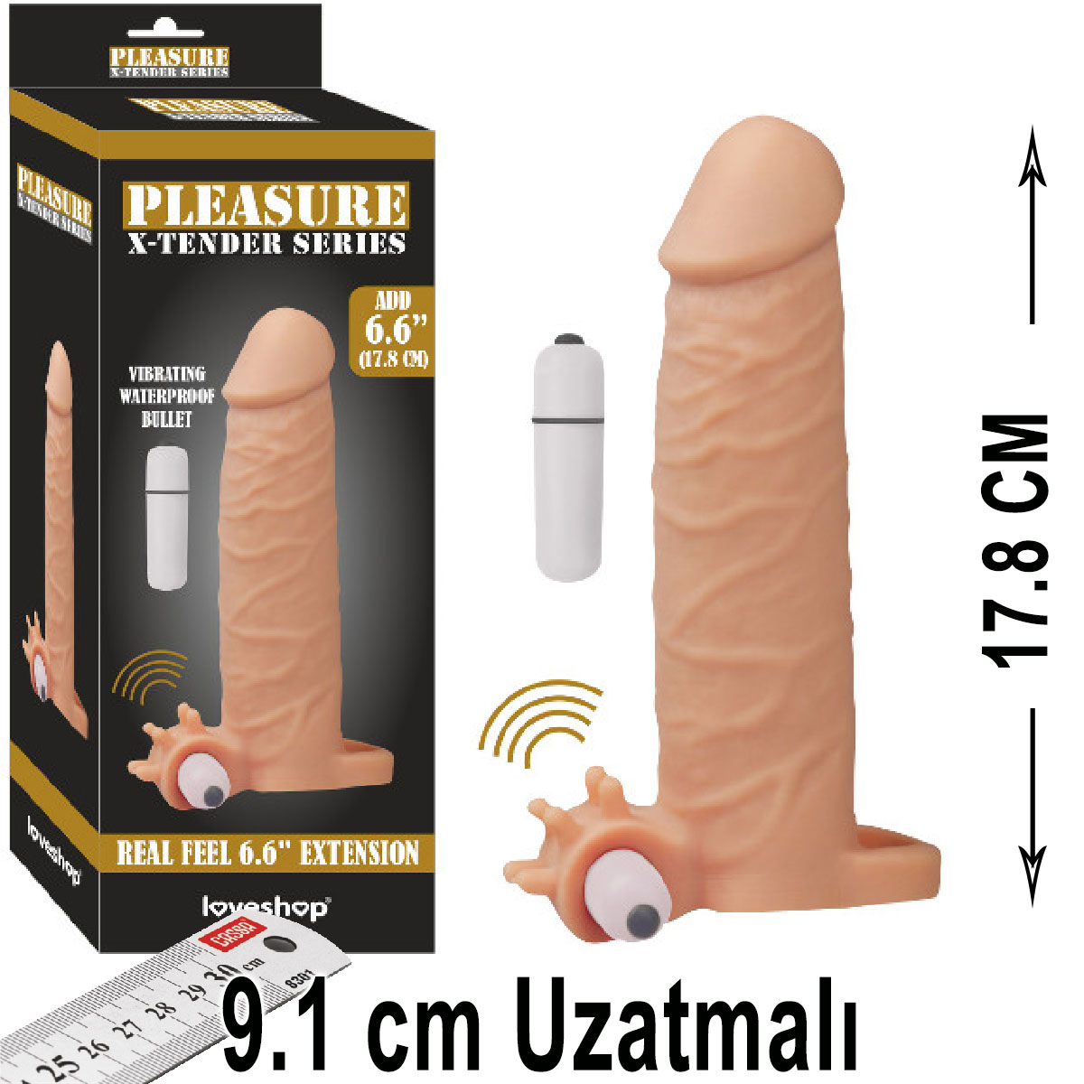 Pleasure X-Tender 17.8 cm Boy Titresimli 9.1 cm Uzatmali Realistik Et Dokulu Penis Kilifi AL-LS-099