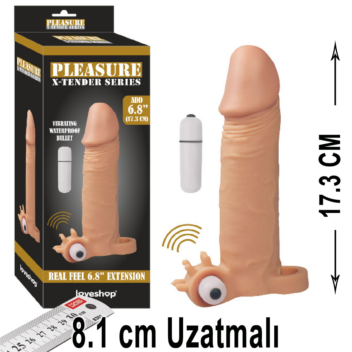Pleasure X-Tender 17.3 cm Boy Titresimli 8.1 cm Uzatmali Realistik Et Dokulu Penis Kilifi AL-LS-100