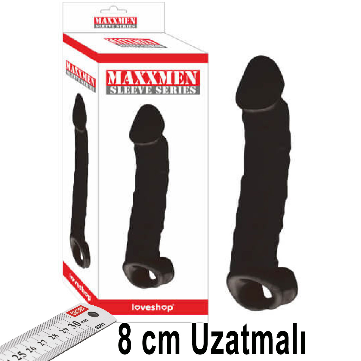 Maxxmen Sleeve 8 cm Uzatmalı Testis Kelepçeli Realistik Et Dokusunda Siyah Penis Kılıfı AL-LS466-B-Black
