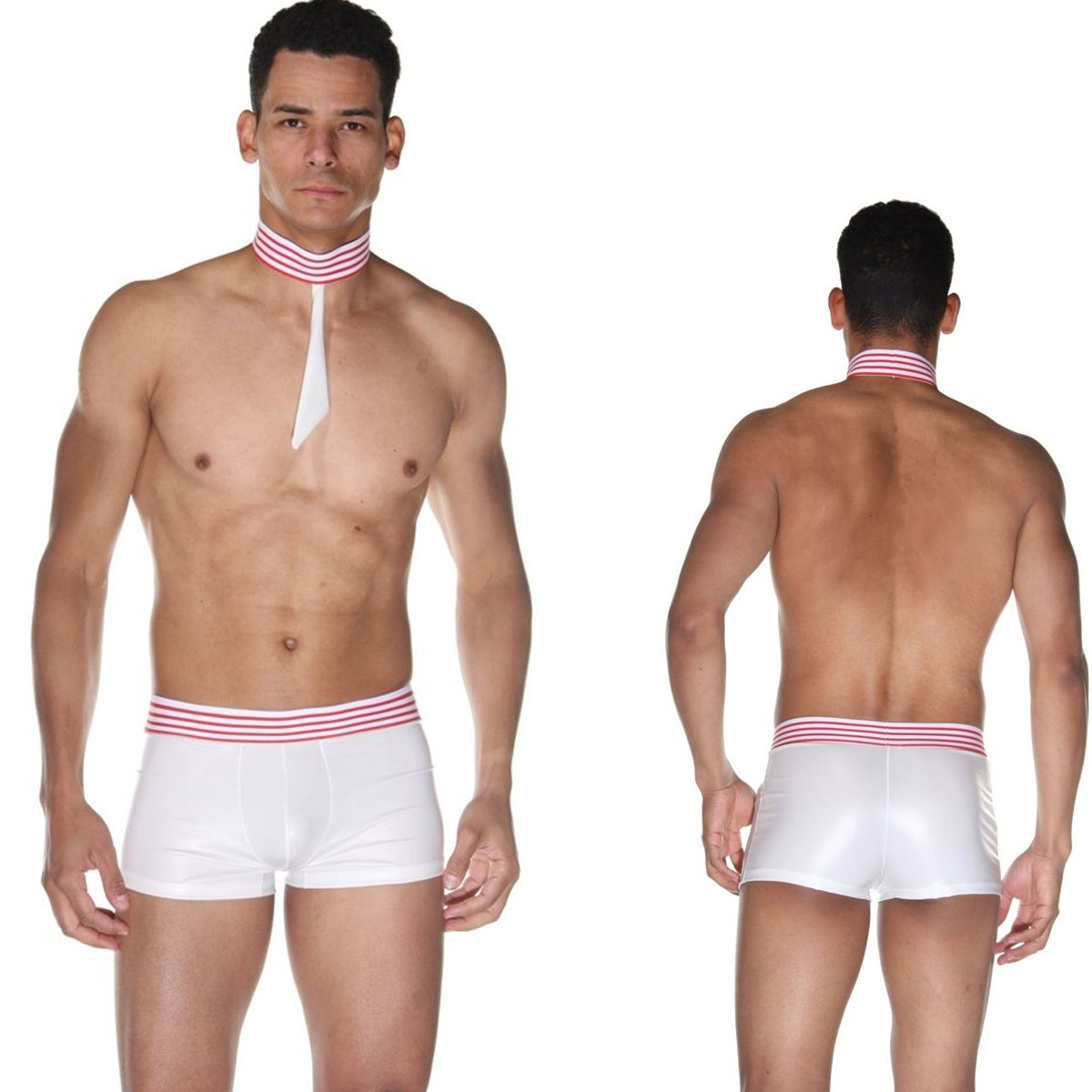Deri Grnml Parlak Beyaz Lak Kumastan Kravat Aksesuarli Fantezi Erkek Boxer Takimi ART-15560