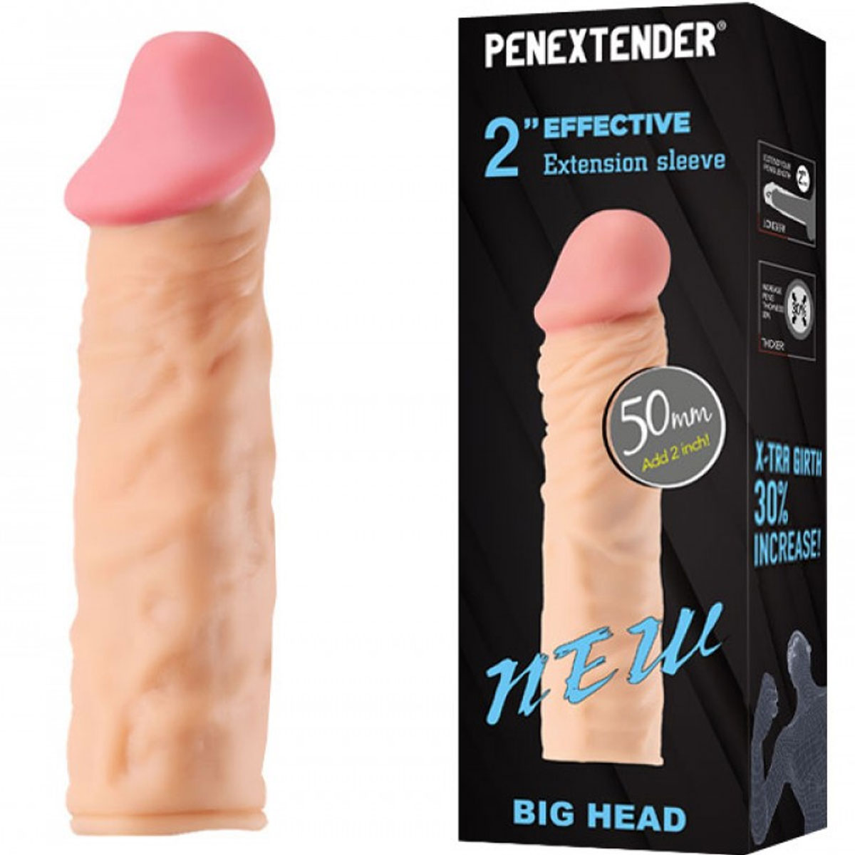 Penextender Byk Kafali Realistik Et Dokulu 5 cm Uzatmali 17 cm Penis Kilifi C-0081