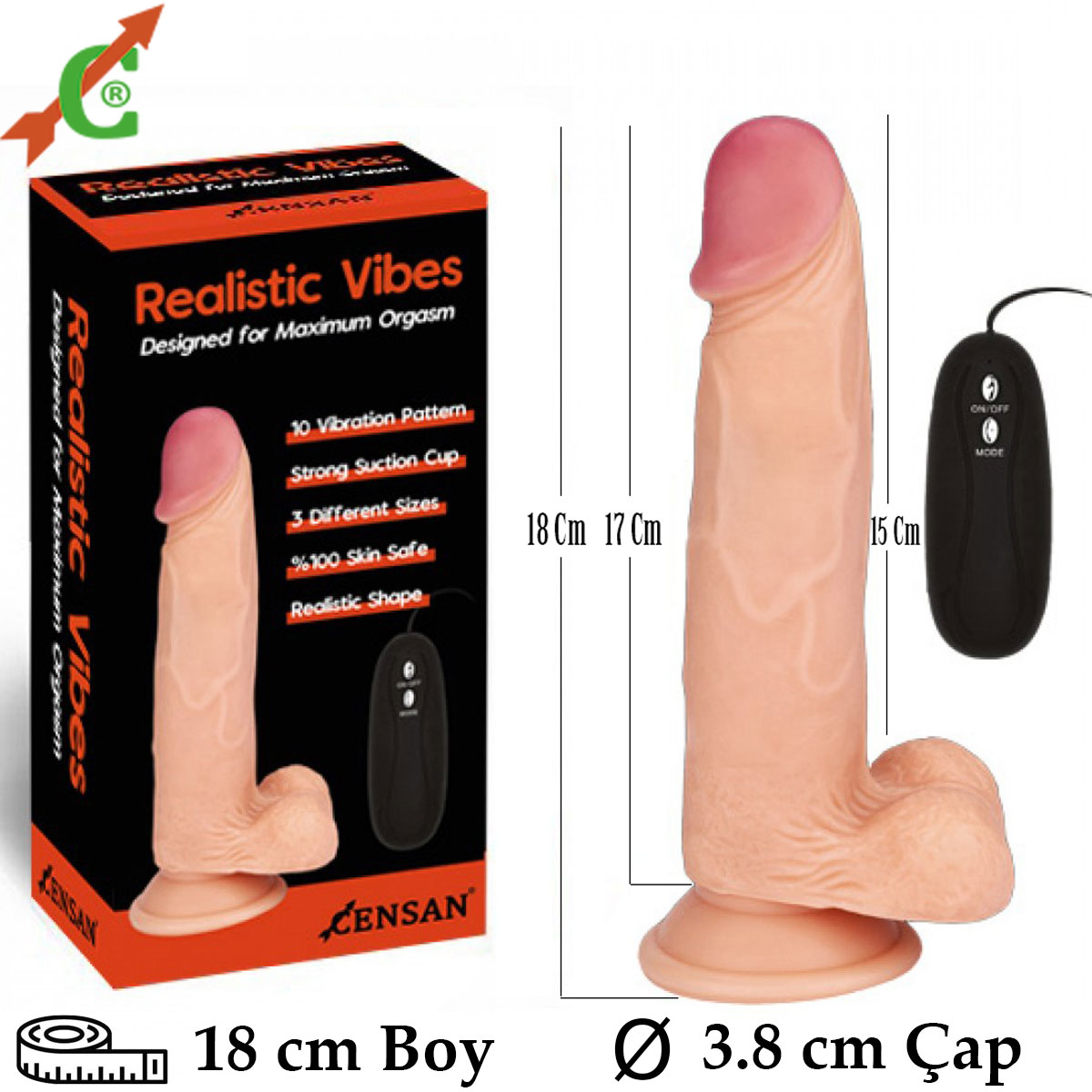 18 cm Boy 3.8 cm ap Et Dokulu Pilli Titreimli Realistik Dildo C-7199