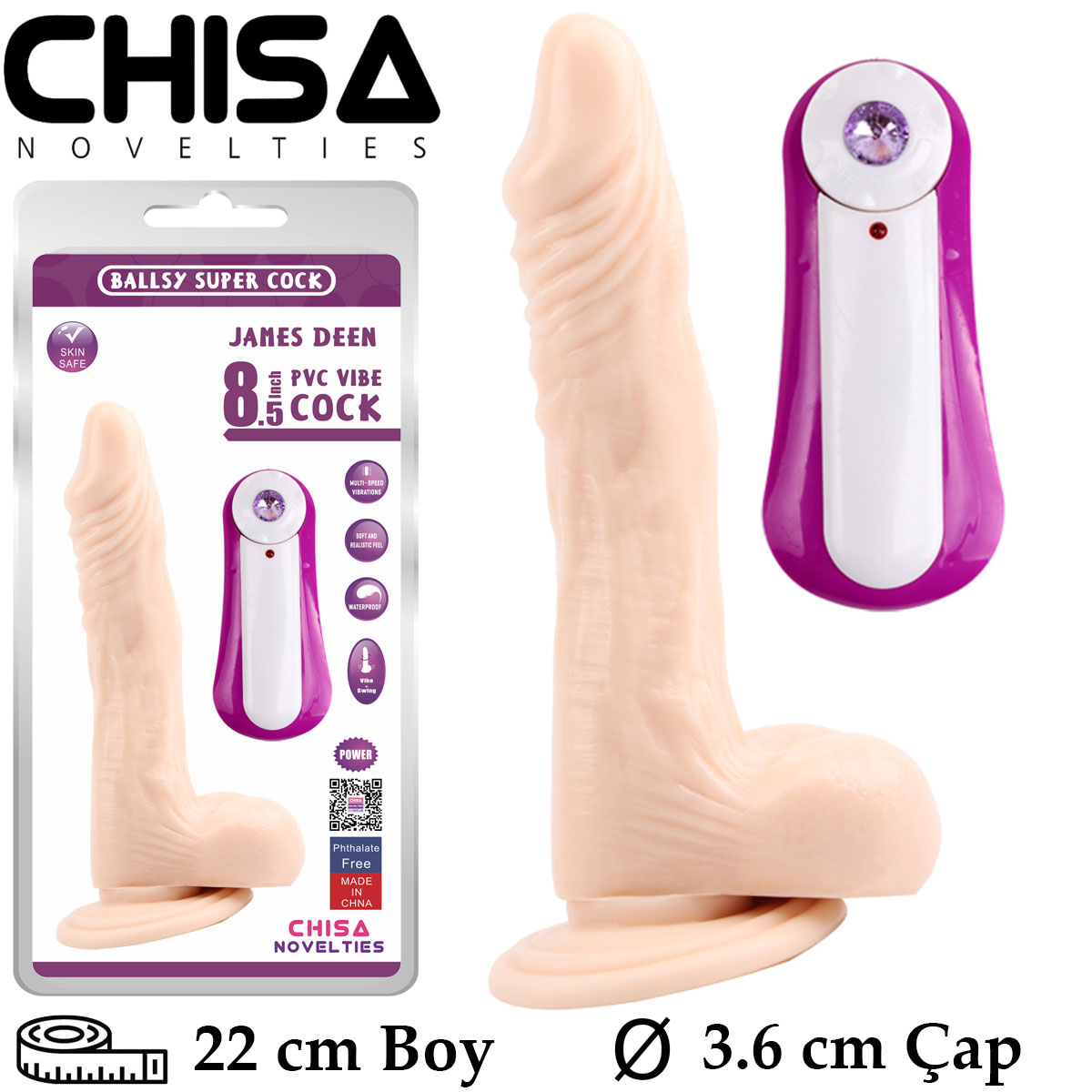 James Deen 21.5 cm Boy 3.6 cm ap Titresimli Vantuzlu Su Geirmez Gereki Yapay Kalin Penis C-CH7207