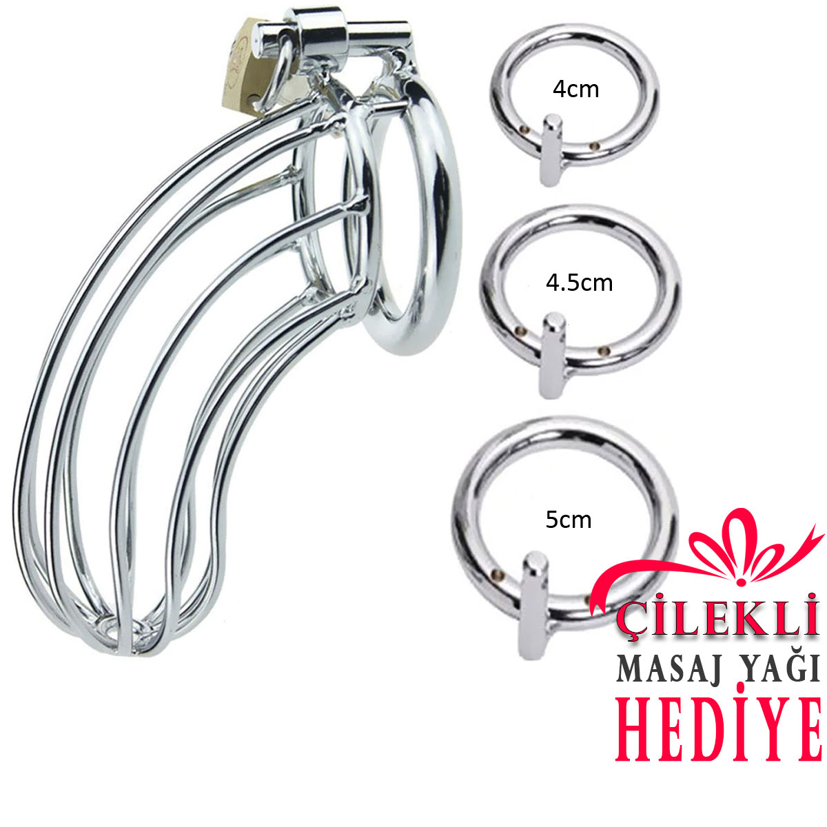 Paslanmaz elikten 3 Farkli Penis Halkali Asma Kilitli BDSM Penis Kafesi C-YN3075