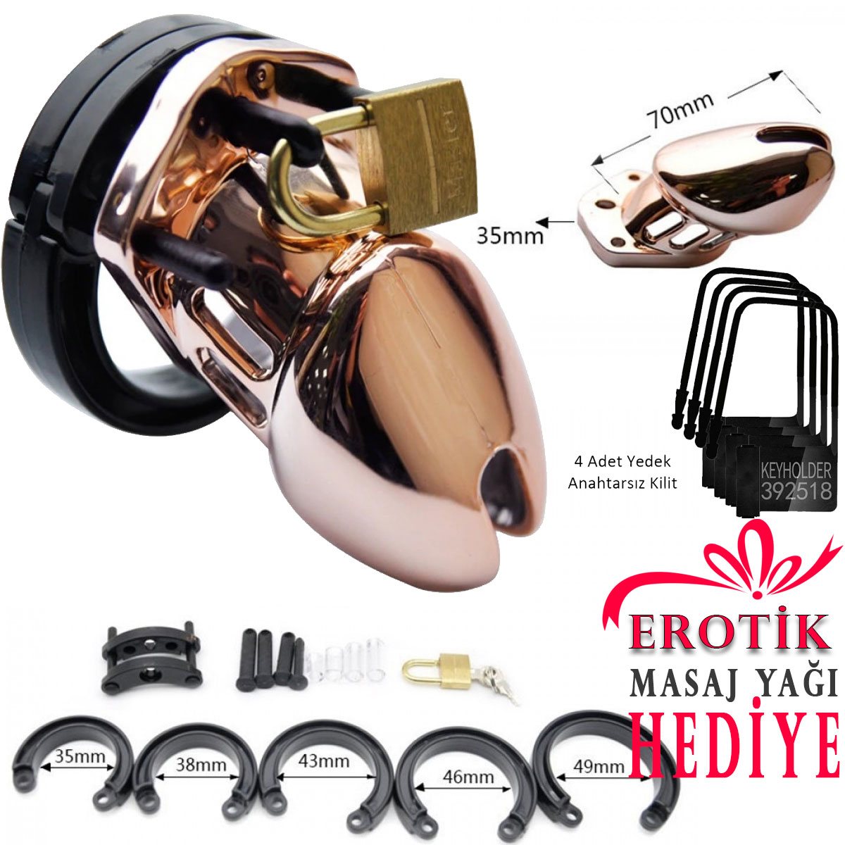 Kaliteli Plastikten 5 Yedek Halkali Asma Kilitli 14 Para BDSM Penis Kafesi C-YN3080