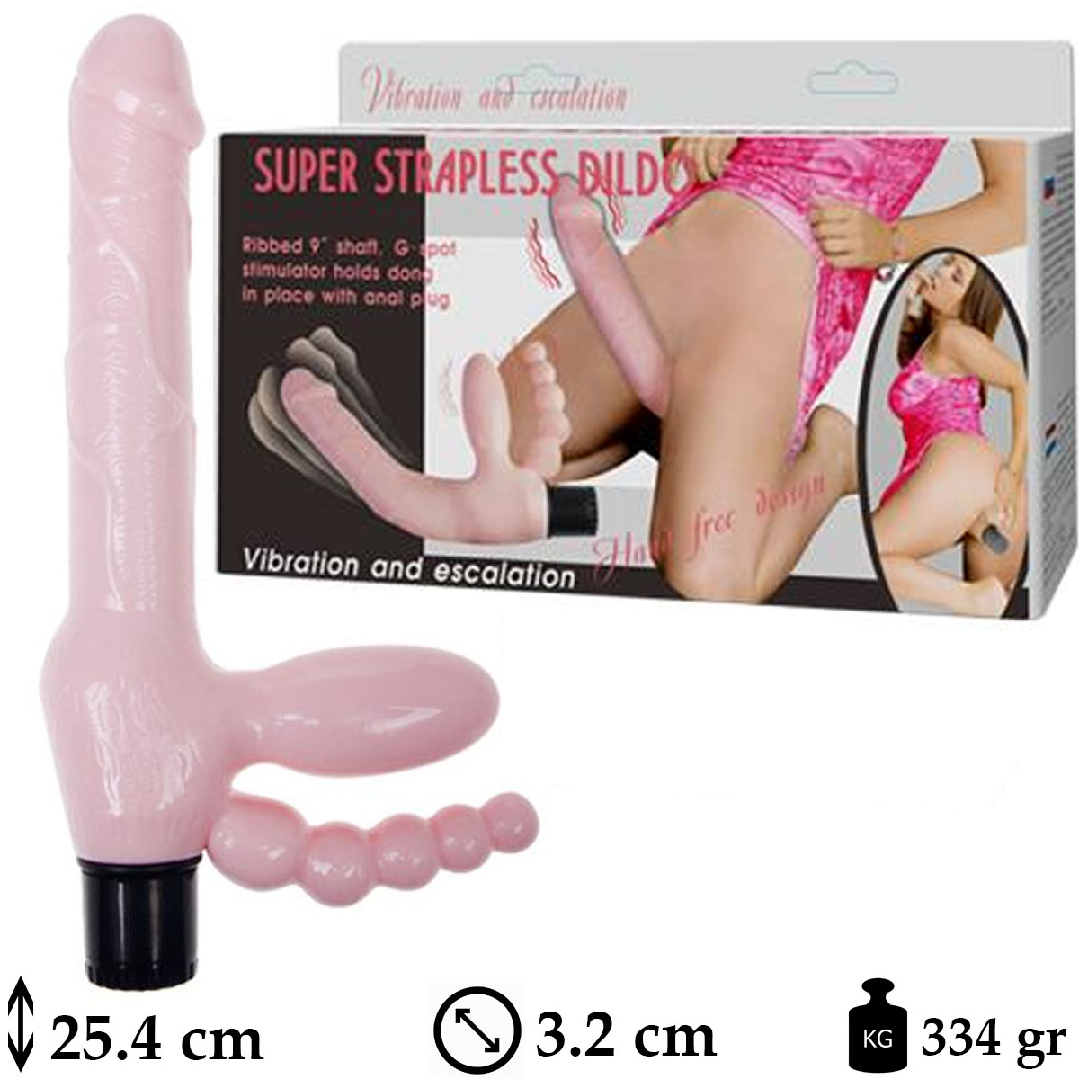 Super Strapless Dildo ft Tarafl Motorlu 3 levli 25.4 cm Biseksel Vibratr L-B1009