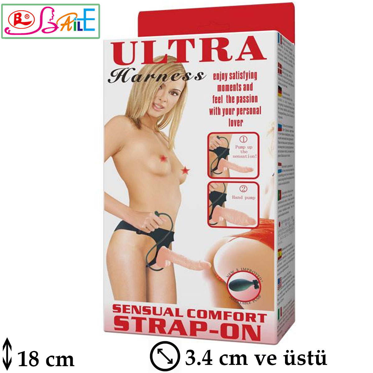 Ultra Harness Şişirme Penisli 18 cm Boy 3.4 cm Çap Testisli Belden Bağlamalı Strapon L-B1051