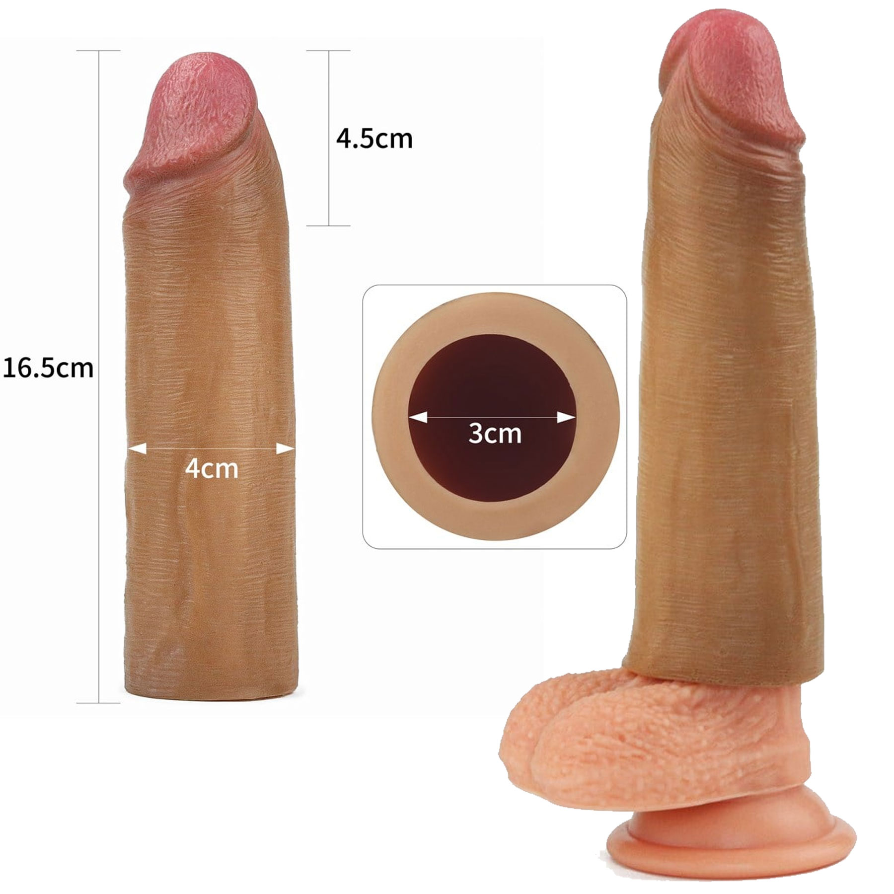 Nature Extender 4.5 cm Uzatma Dolgulu 16.5 cm Boy Penis Kilifi Premium Silikon Kilif Esmer Renk LLT-LV4211B