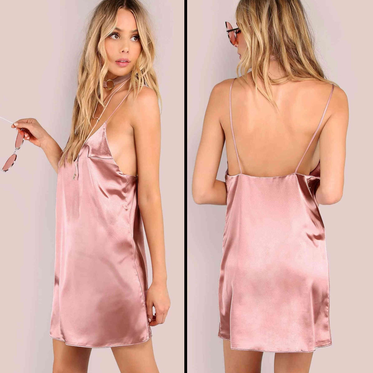 Saten Salas Mini Seksi Kadin Elbisesi MS2322-Pembe