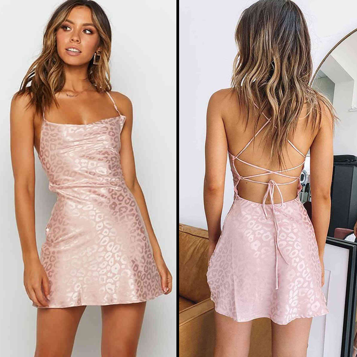 Baskili Pembe Saten Mini Seksi Kadin Elbisesi MS2327-Pembe