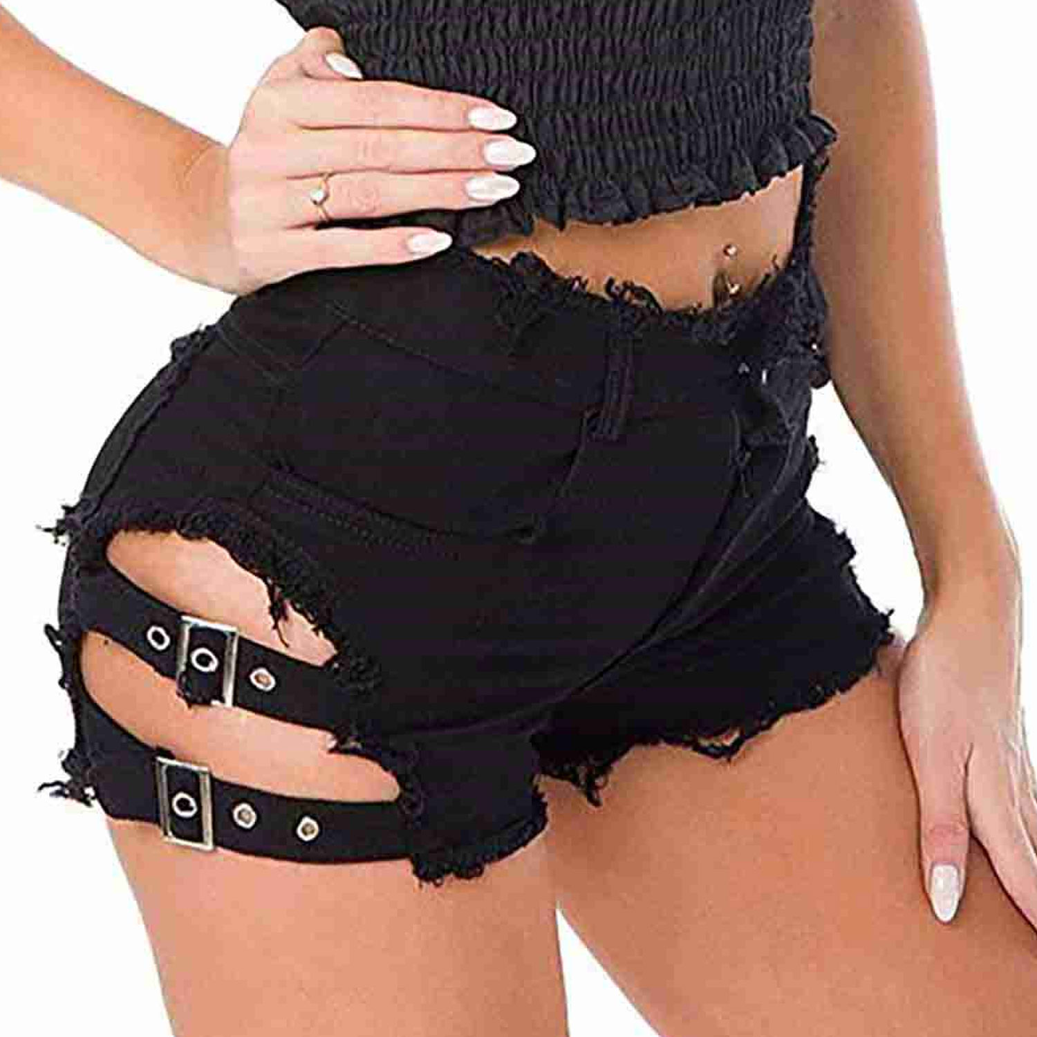 Yanlari Dekolteli Siyah Denim Kot Short Mini MS2454-Siyah