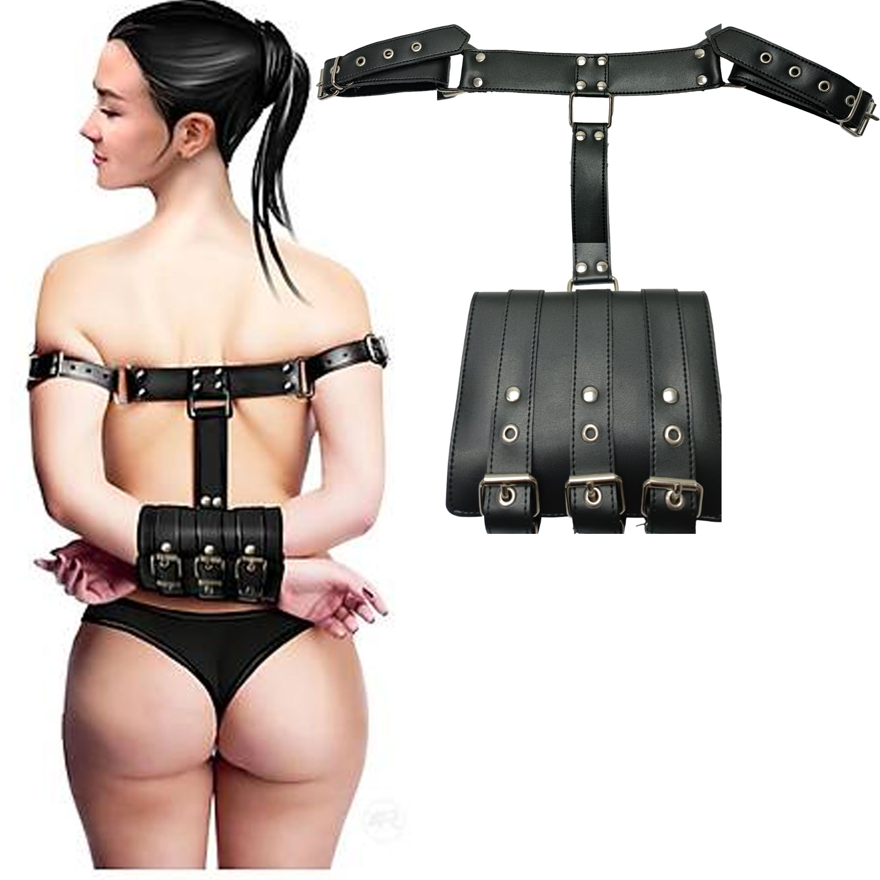 BDSM Siyah Deri Pazu ve Sirt Baglantili Ters Kelepe Fetis Sex Aksesuari Model 46