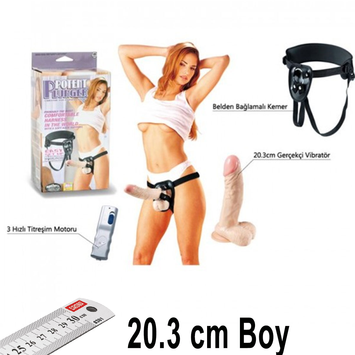 Potent Plunger Strapon 20.3 cm Boy Pilli Vibratrl Sklebilen Testisli Vantuzlu Protez Penis C-186