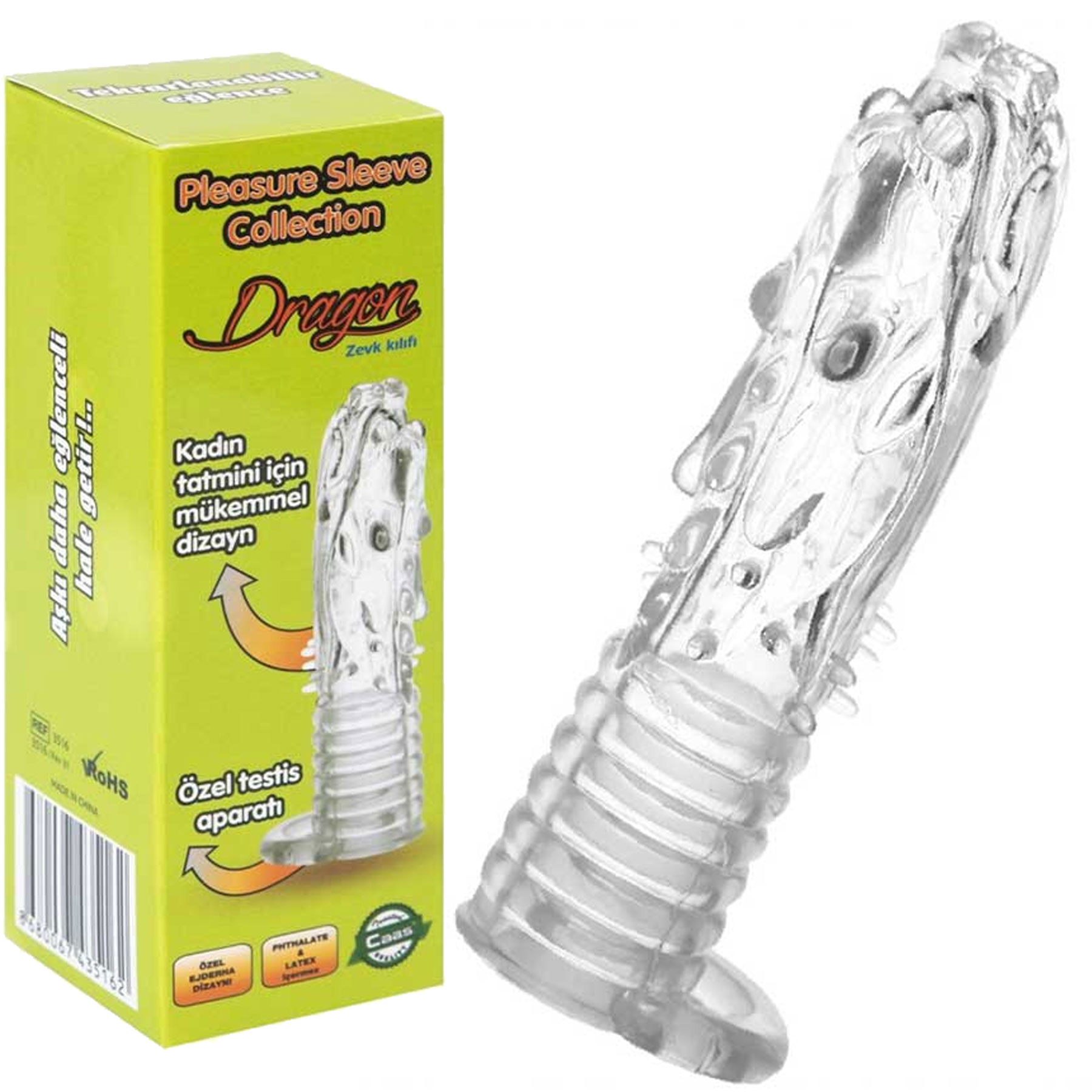 Dragon 13.5 cm Boy 3.5 cm Uzatmali Testis Kelepeli Seffaf Penis Kilifi C-593DR