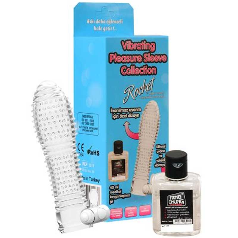 Rocket - HEDIYELI - 13,5 cm Tirtikli Gvde Seffaf Titresimli Penis Kilifi C-593RO