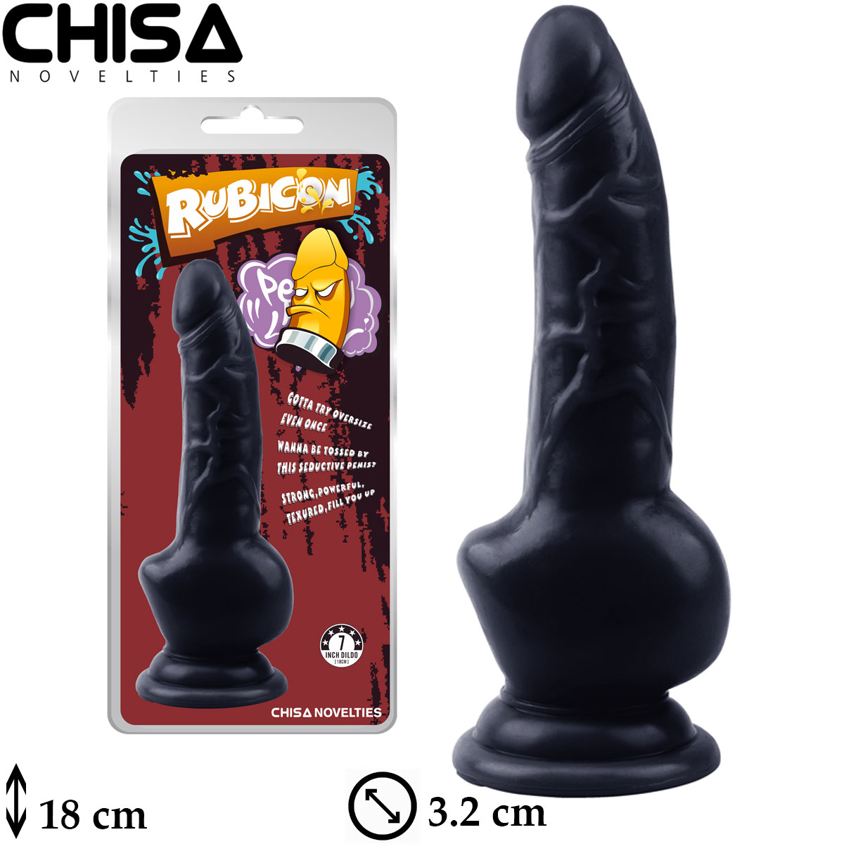 Rubicon Klitoris Uyarıcılı 18 cm Boy 3.2 cm Çap Tıkaç Tarzı Vantuzlu Koyu Siyah Zenci Dildo C-CH7112