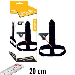 Hollow Extender 20 cm Boy Kalın Damarlı Et Dokulu İçi Boş Belden Bağlamalı Siyah Protez Penis AL-605-BLACK