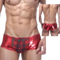 Tam Yapışann Detayları Gösteren Önü Ekose Göz Alıcı Parlaklıkta Kırmızı Mini Erotik Erkek Boxer ART-15238