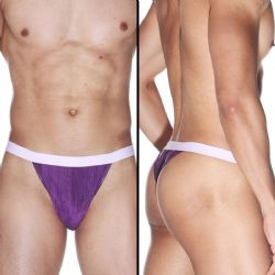 Beyaz Bel Lastikli Seksi Deri Grnml Mor Erkek Tanga ART-15548 