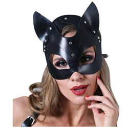 Siyah Cat Girl Fantezi Deri Kedi Kız Maskesi + Erotik Masaj Yağı