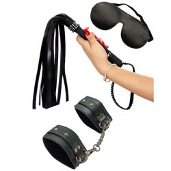 Siyah Deri Kelepçe Kırbaç Göz Bandı Fetiş Seks Seti Model 03 