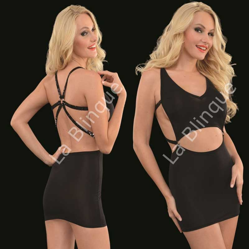 Sirt Gbek Dekolteli Bstiyer Etek Grnml Tek Para Siyah Seksi Mini Club Elbise ART-6092